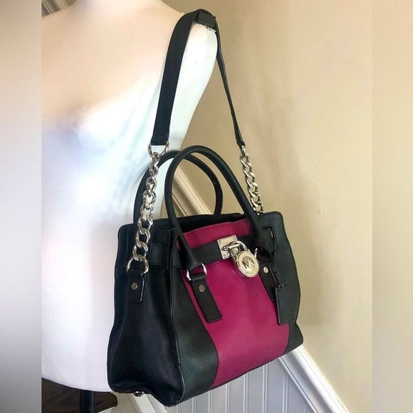 MICHAEL KORS Fuchsia & Black Saffiano Leather Satchel w Silver Chain Crossbody - Picture 4 of 17